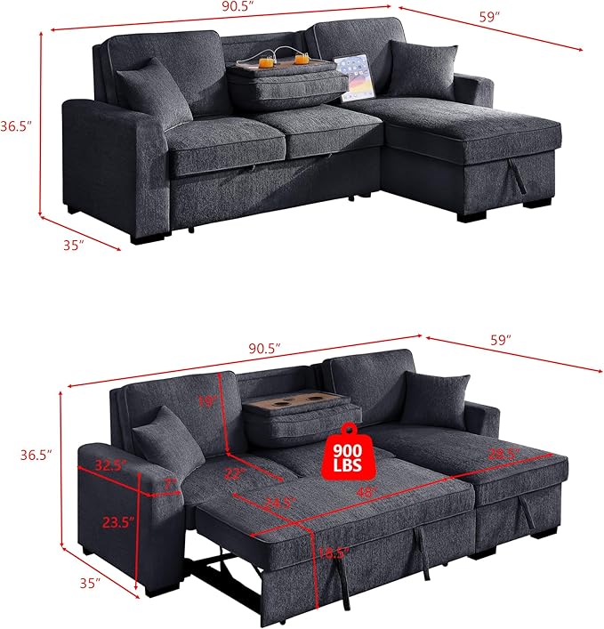 INSTORY Sectional Sleeper Sofa with Pull-Out Bed Drop-Down Table USB &ampType-C Port Cup Holders Dark Gray