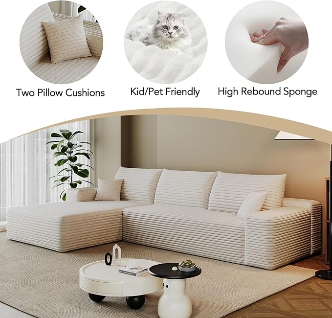107.7 Boneless Sectional Couch Modern Modular L - Shape Corduroy Upholstered Sofa for Living Room - Deep Seat with Chaise (White 2 Seater+Left Facing Chaise)