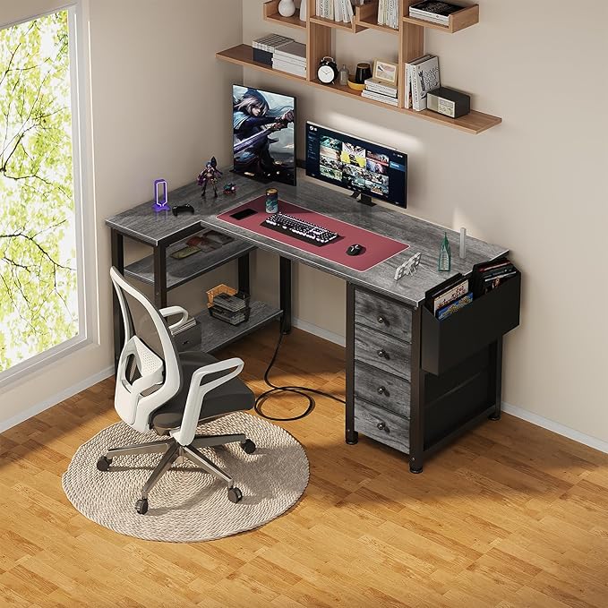 Lufeiya L Shaped Computer Desk with Drawers &amp Storage Shelves 47 Inch Small Corner Desk with Power Outlet for Home Office Bedroom L-Shaped Gaming PC Desks with Fabric Drawer Gray