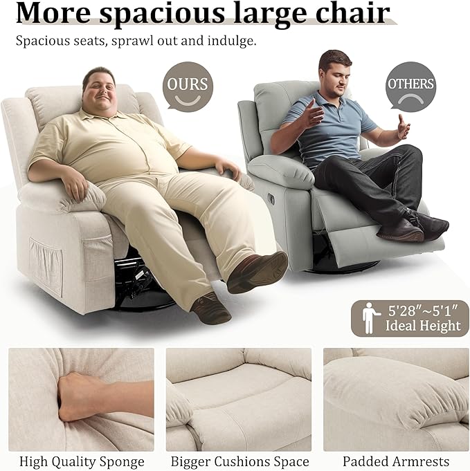 Recliner Chair Wide Rocker Chair Rocking Chair with Massage and Heat360°Swivel Nursery Rocking Chairs Oversized Recliner for Adults Cashmere Reclining Sofa for Living Room Beige