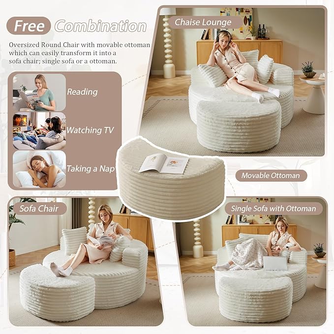 74.6 Oversized Round Chaise Lounge Chair with Ottoman Indoor Fluffy Upholstered Corduroy Deep Seat Large Boneless Circle Couch Sofa Chairs for Living Room Bedroom No Assembly Required White
