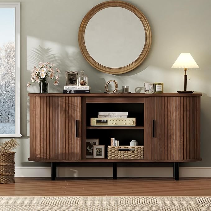 BREEZEHEAT 55'' Mid Century Modern Fluted TV Stand-Curved TV Cabinet with Storage Sliding Doors &amp Adjustable Shelves-Entertainment Center for TVs Up to 65 Inches Walnut Media Console for Living