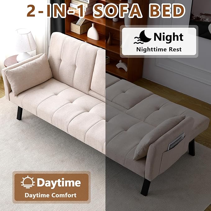 72 Cotton Linen Futon Couch Living Room Couch Bed Convertible Sleeper Sofa Bed with Cup Holder for Bedroom Guest Bed 2 Seater Reclining Sofas Couches with Nailhead Trim for Small Space (Beige)