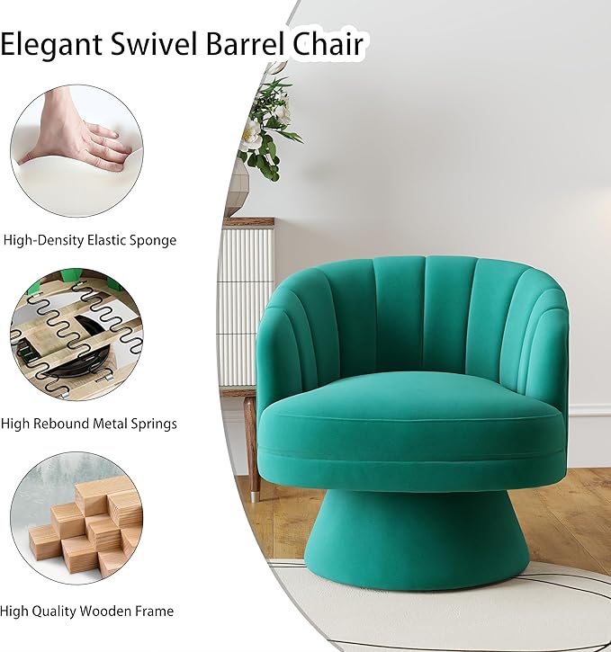 Swivel Accent Chair Set of 2Upholstered Velvet 360° Swivel Barrel Chair for Living Room Overstuffed Bouncle Reading Chair Round Armchair for BedroomVanityOffice (Dark Green)