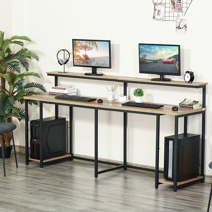 78.75 Inches Double Computer Desk for Two Person Extra Long Home Office Desk with Monitor Shelf and CPU Stand Brown