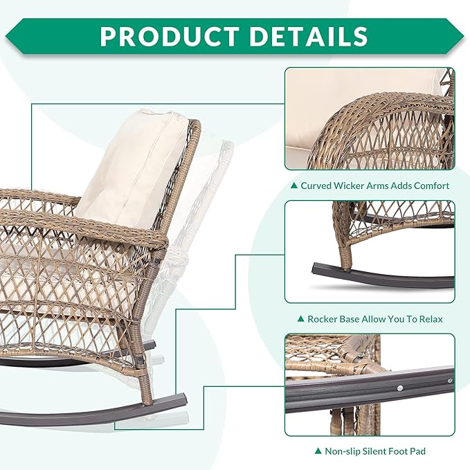 VIVIJASON 3-Piece Outdoor Conversation Bistro Set Patio Wicker Rocking Chairs Rattan Furniture Sets w/ 2 Rattan Chairs Cushions Glass Top Side Table for Garden Porch Backyard