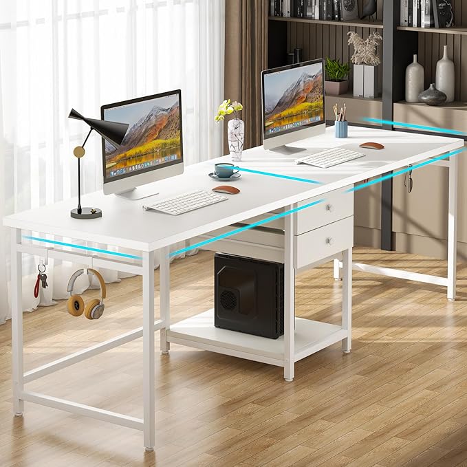 Tribesigns 79 Inch Extra Long Double Desk with 2 Drawers Two Person Computer Desk with Storage Shelves Writing Table Study Desk for Home Office White