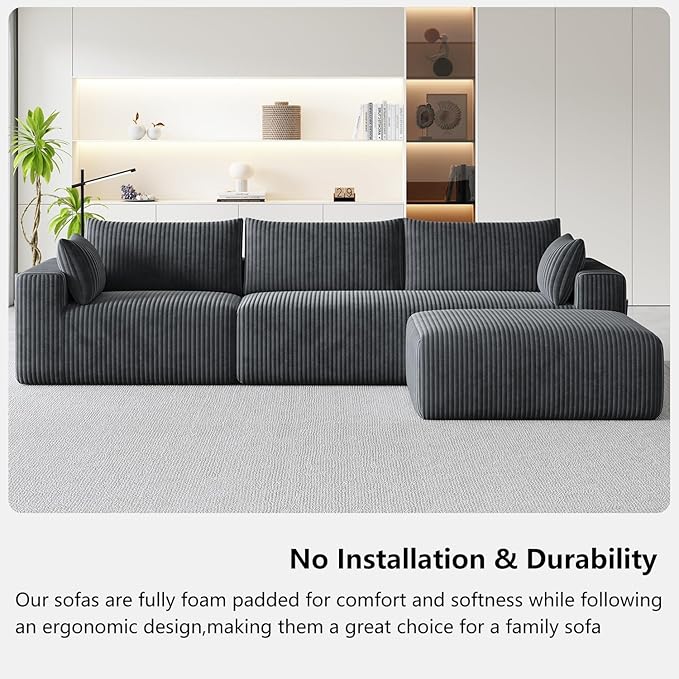 108 Cloud Couch Modular Sectional Sofa for Living RoomL Shaped Boneless Couch with Deep Seat ChaiseNo Assembly Required Foam Sleeper Sofa for ApartmentsPlush Corduroy Fabric Dark Gray
