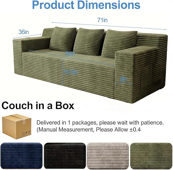 71 Small Boneless Couch Corduroy 3 Seater Couch for Living Room with 3 Pillows &amp Armrests Deep Seat Sofa for Small Spaces Apartment﻿ (Antique Green) | Small Boneless Couch