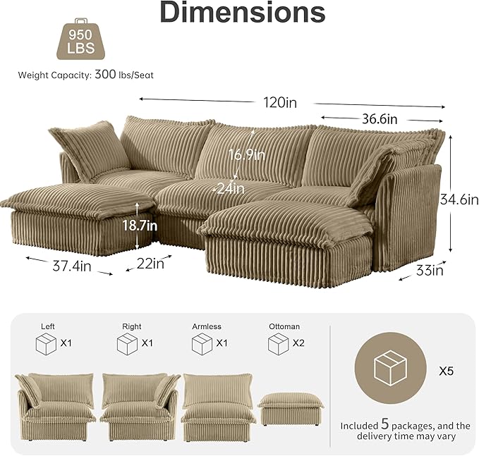 120 Inch 3-Seater Oversized Sectional Sofa with 2 Ottomans - Wide Deep Seat Removable Washable Corduroy Fabric for Living RoomCamel
