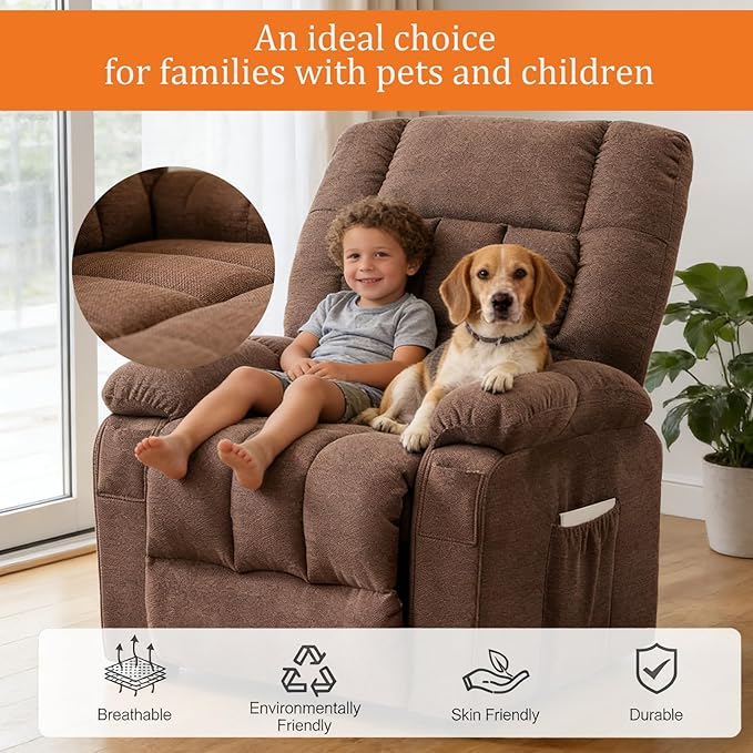 Power Lift Recliner Chair for Adult with Heated and Full Body Massage Glider Nursery Chair with Cup Holder and USB Charge Port Oversided Swivel Rocker Recliner for Living/Study/Bedroom Room Brown