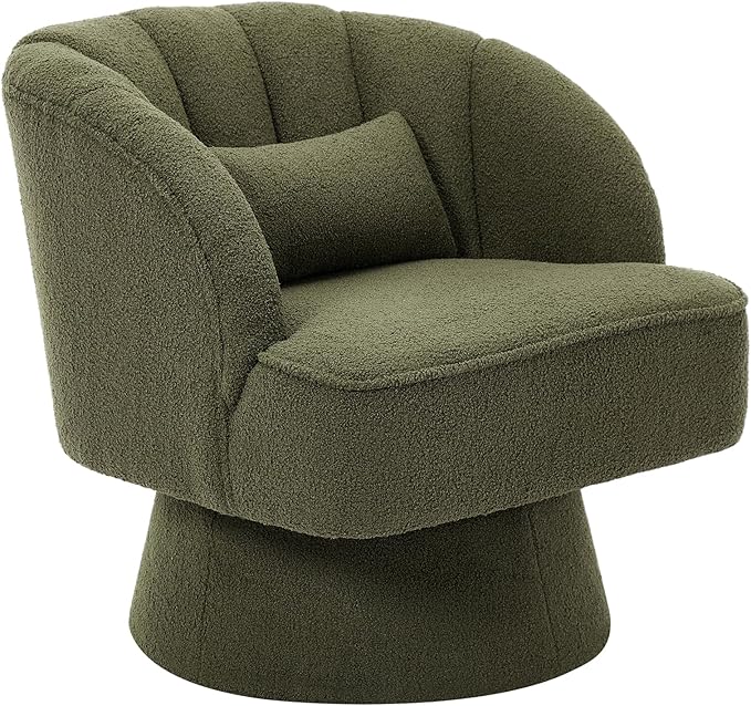 Swivel Barrel Chair - Teddy Bear Velvet Upholstered Modern Armchair with Striped Backrest &amp Plush Padding Round Lounge Chair for Living Room Bedroom Small Spaces Green - (1 Pcs)