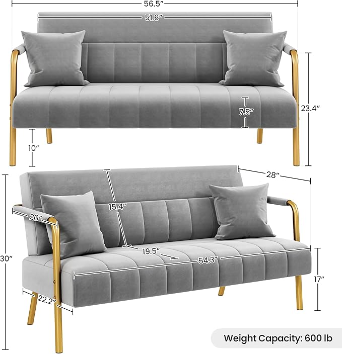 Yaheetech 56.5 W Modern Sofa Small Sofa Luxurious Velvet Fabric Couch with Gold-Tone Metal Arms and Legs for Living Room Home Office Studio Light Gray