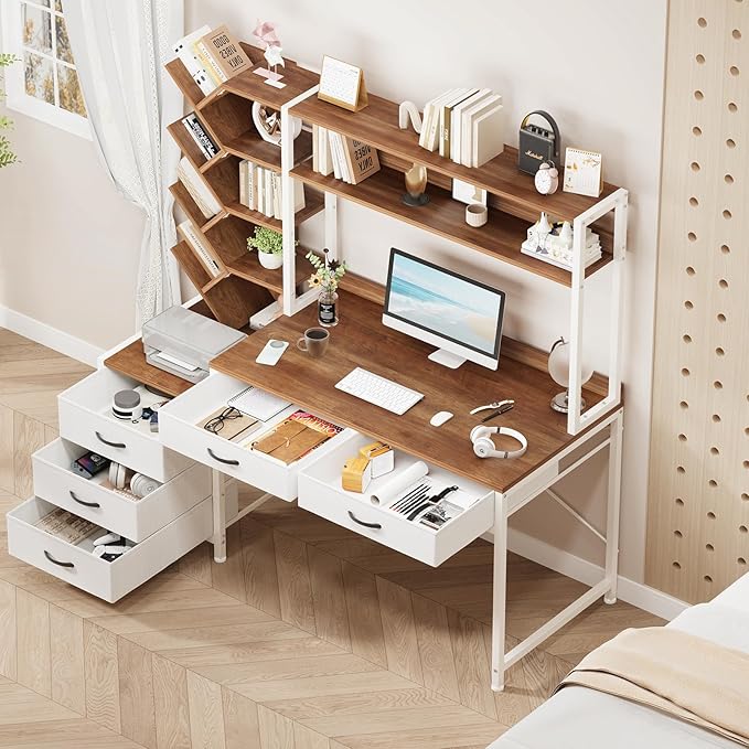 Reversible Computer Desk with Hutch Home Office Desk with 5 Drawers and Bookshelf 52'' Study Writing Desk with Storage Shelves for Bedroom Home Office Brown and White
