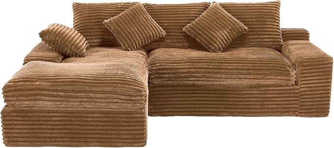 KIVENJAJA 98.8'' Small L-Shaped Sectional Couch with Chaise Fluffy Corduroy Cloud Couches Compression Boneless Sofa for Home Living Room Apartment Office No Assembly Required Brown