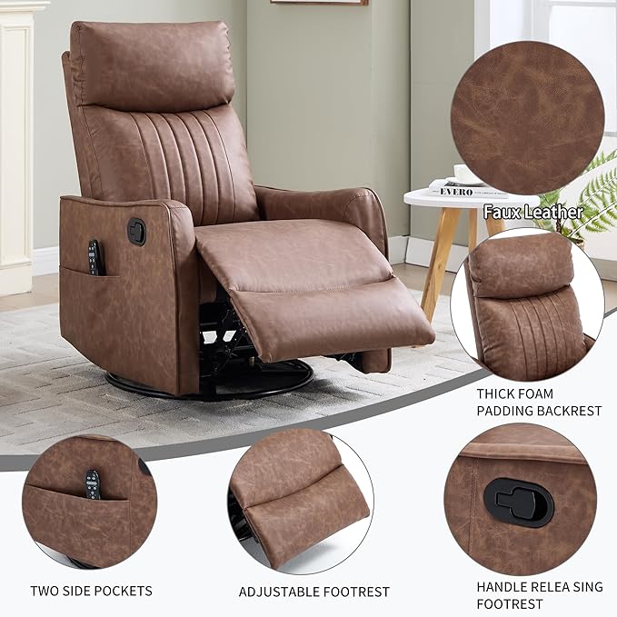 Light Brown 360° Swivel Rocker Recliner Chair Massage Reclining Chair with 8-Point Vibration &amp Lumbar Heat for Adults Elderly 155° Recline Easy Assembly for Living Room