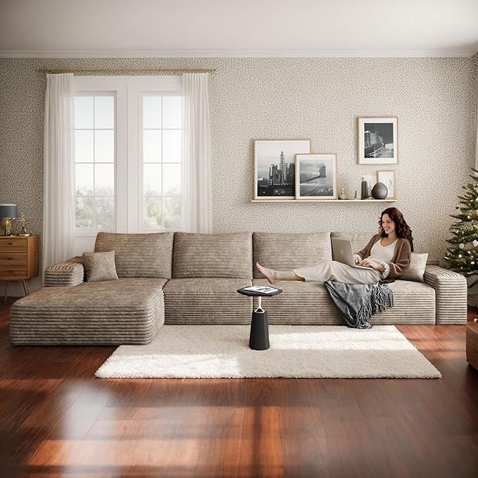 135 Corduroy Boneless Sectional Couch with Chaise No Assembly Required L Shaped Modular Sectional Sofa Boneless Couches for Living Room (Camel 4 Seater+Left Facing Chaise) | Compression Fluffy