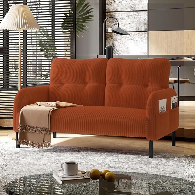 47 Modern Loveseat Couch Sofa Corduroy Fabric Armchair Upholstered 2-Seat Loveseat Sofa for Small Space Living Room Bedroom Apartment Orange