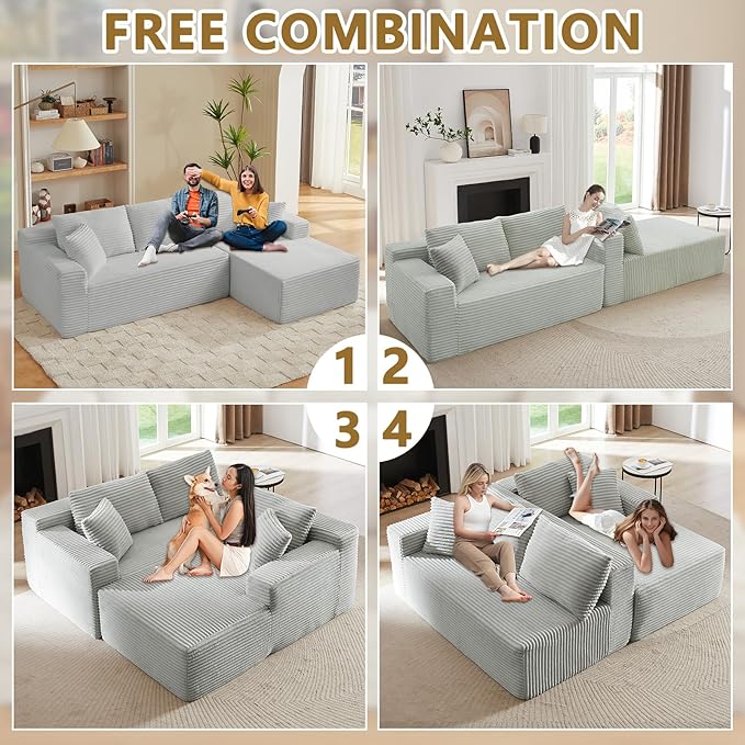 103'' Boneless Cloud Couches for Living Room Corduroy L Shaped Modular Sectional Sofa Couch W/Deep Seat &amp High-Back Comfy Memory Foam Couch Sofa in A Box (Light Grey Right Facing Chaise)