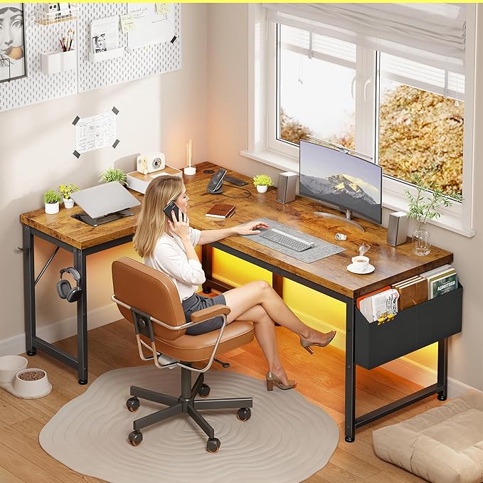 L Shaped Desk with 0.95 Inch Thicker Desktop &amp Storage Bag Computer Desk with Power Outlets &amp Lights Reversible Gaming Desk for Home Office Corner Desk Study Room Living Bedroom Brown