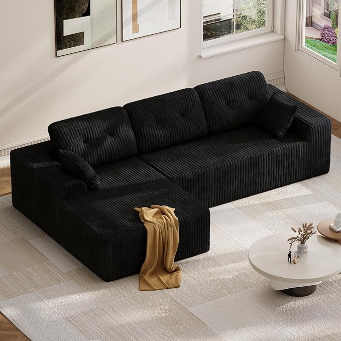 Ball &amp Cast 106 Modular Sectional Sofa Cloud Corduroy Couch with Deep Seat Boneless L-Shaped Sectional Upholstered Modular Sofa for Living Room No Assembly Required (Black Left Facing Chaise