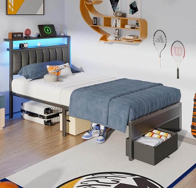 Furnulem Twin Bed Frames with Charging Station and LED Lights Grey Upholstered Headboard with Shelves Metal Platform Bed with 2 Under-Bed Storage (Fabric Drawer on Wheels) No Box Spring Needed