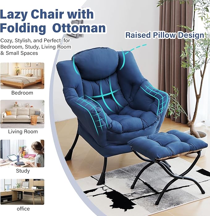 Lazy Chair with Ottoman Modern Accent Chairs with Folding Footrest Royal Blue Sofa Chair Set Comfortable Reading Chairs Oversized Armchairs for Bedroom Study Living Room Courtyard
