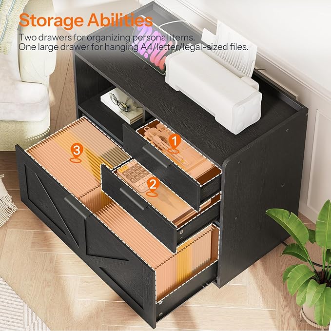 HOOBRO Lateral File Cabinet Wooden Office Storage Drawers with Charging Station Filing Cabinet for Home Office A4/Letter/Legal-Sized Files Printer Stand with Open Storage Spaces Black BB37UWJ01