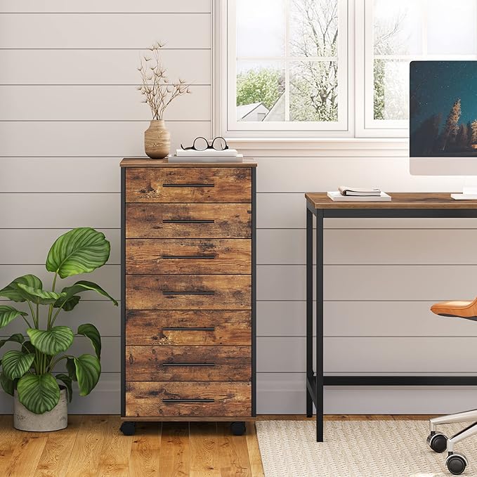 HOOBRO 7-Drawer File Cabinet Wooden Office Cabinet with Drawers Mobile Storage Filing Drawer for Home Office Study Easy Assembly Rustic Brown and Black BF07WJ01