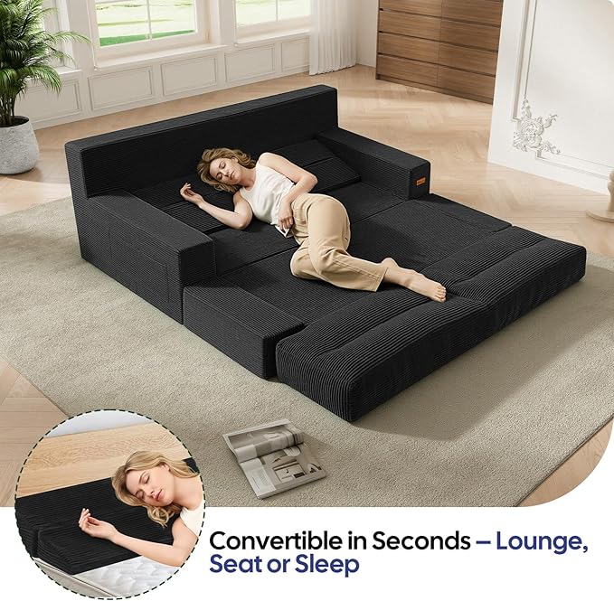MeMoreCool Boneless Couch Convertible Sofa Bed Queen Corduroy Futon Couch Sleeper Sofa Boneless Loveseat Pull Out Couch Bed Fold Out Floor Sofa for Living Room Bedroom Apartment Black