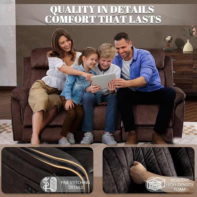 Zero Gravity Power Recliner Sofa Couch – Electric Reclining Sofa with Drop Down Table 3 Seater Dual Reclining Couch with Adjustable Headrests for Living Room (Foil Fabric Brownish Gray)