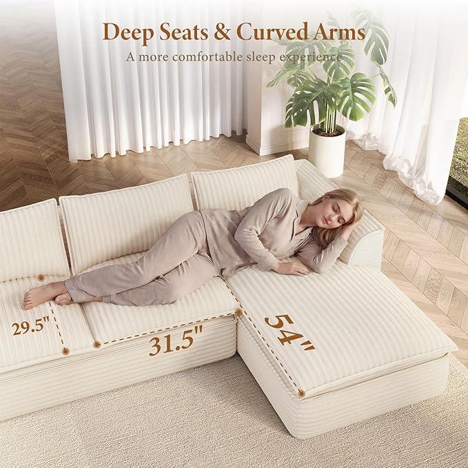 Vesgantti 141.7 Oversized Sectional Boneless Couch Modern 7 Seater Modular Sofa with Chaise &amp Ottoman Deep Seat Plush Corduroy Cloud Couches for Living Room No Assembly Required Beige