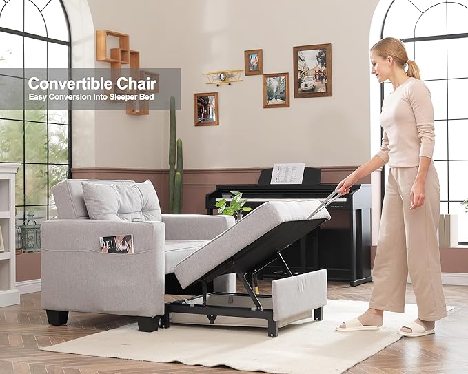 DURASPACE Pull Out Sofa Bed 3-in-1 Convertible Sofa Sleeper Chair Bed with USB Cup Holder Adjustable Armchair Beds for Small Spaces Apartment Living Room Office (Light Gray Linen)