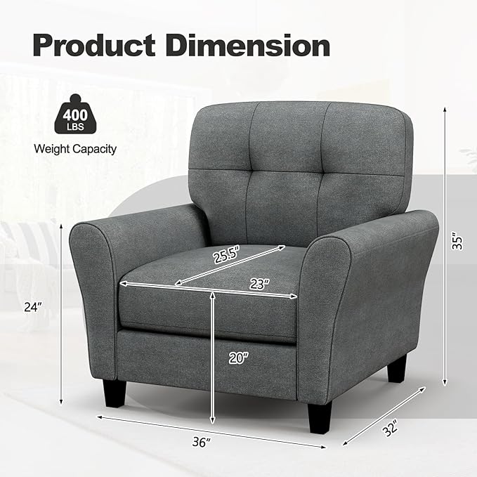 Giantex Modern Mid-Century Accent Chair - Linen Living Room Chair with Tufted Back 7 Thick Cushion Max Load 400 lbs Upholstered Armchair with Non-Slip Foot Pads Club Chair for Bedroom Grey