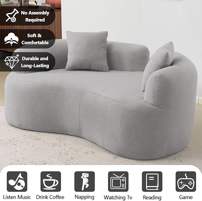 67 Curved Loveseat Sofa with 2 Pillows Boneless Curved Couch with Round Armrest Cloud Sofa for Living Room Bedroom Small Spaces Teddy Modern Compressed No Assembly (Grey-1)