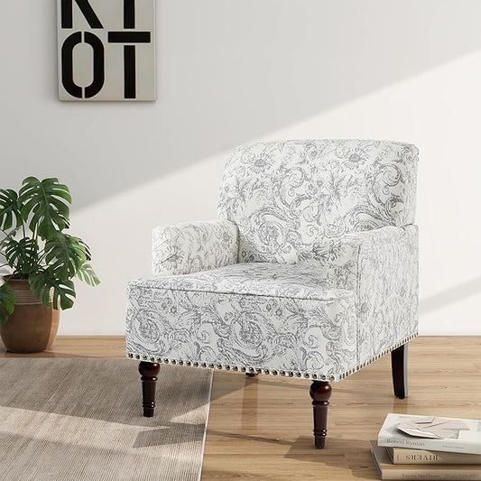 Accent Chair Mid Century Modern Comfy Armchair for Living Room Linen Fabric Single Sofa Lounge for Reading Bedroom Apartment Waiting Room with Wood Legs (Rococo Light Grey Set of 1)