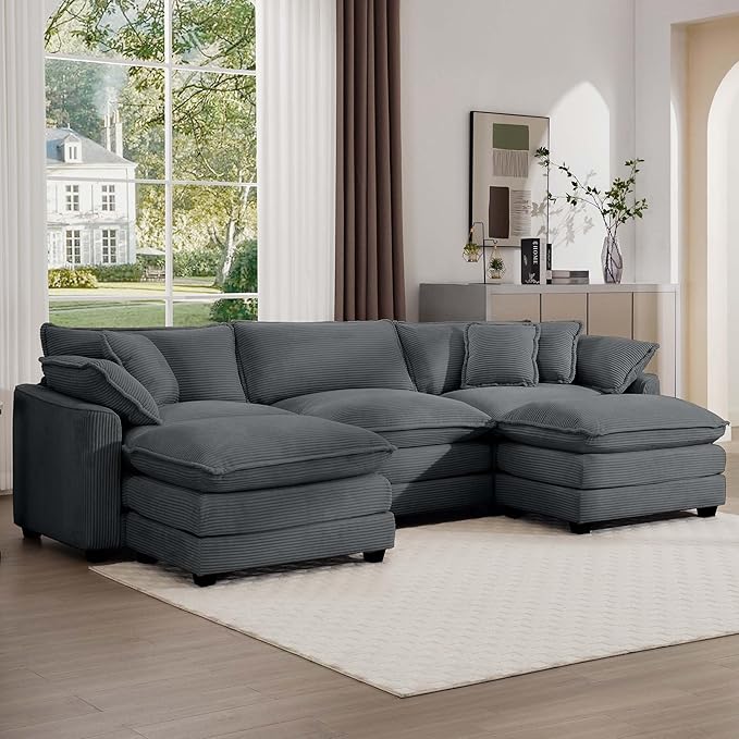 Oversized Modular Sectional Sofa 114.5'' Modern Corduroy Comfy Cloud Couches for Living Room Apartment U-Shaped Deep Seat 3-Seater Sofa with Two Movable Ottoman Grey