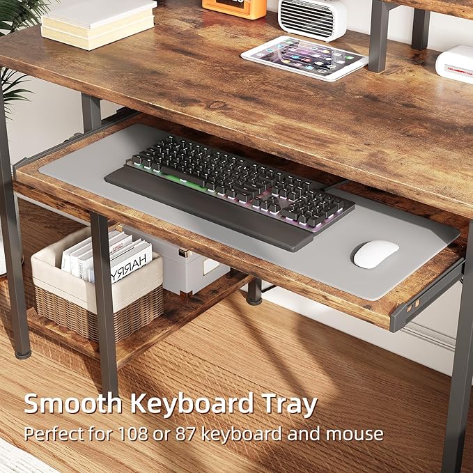 VERMESS 48Inch Computer Desk Home Office Desks with Keyboard Tray Gaming Desk with CPU Stand ShelfIndustrial Study Table Wide Writing Desk with Storage Shelves for 2 Monitors Rustic Brown