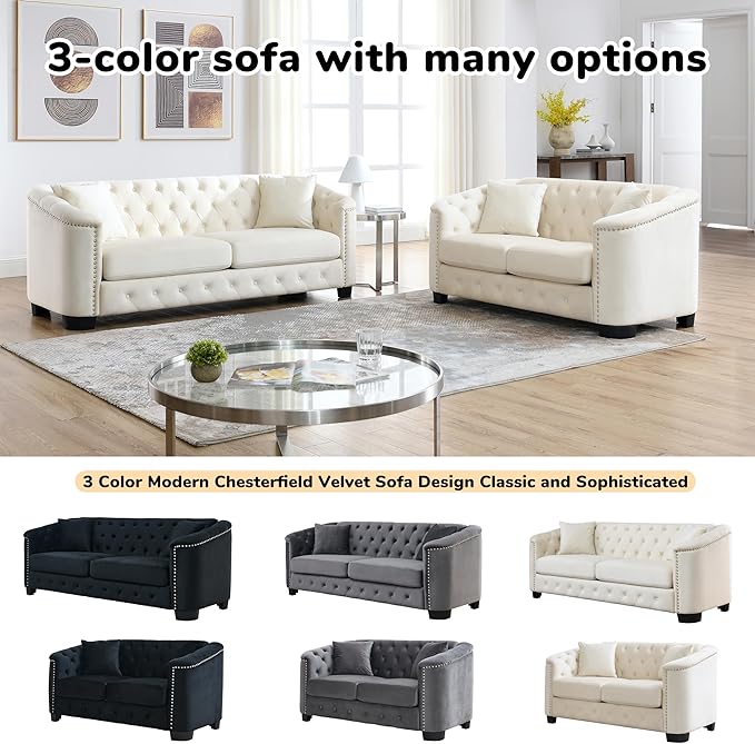 2 Piece Modern Chesterfield Velvet 77 3-Seater + 59 Loveseat Sofa Set Upholstered Tufted Backrests with 8 Nailhead Arms and 4 Cushions for Living Room (Beige 77 3-Seater + 59 Loveseat Sofa Set)