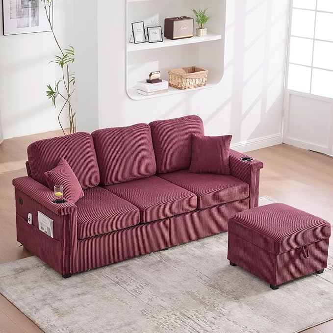 76'' Sectional Sofa Couches for Living Room 3 Seat L-Shaped Couch with Storage &amp Ottoman Corduroy Convertible Sofas with Chaise Apartment with USB Charging Cup Holder (Wine Red)