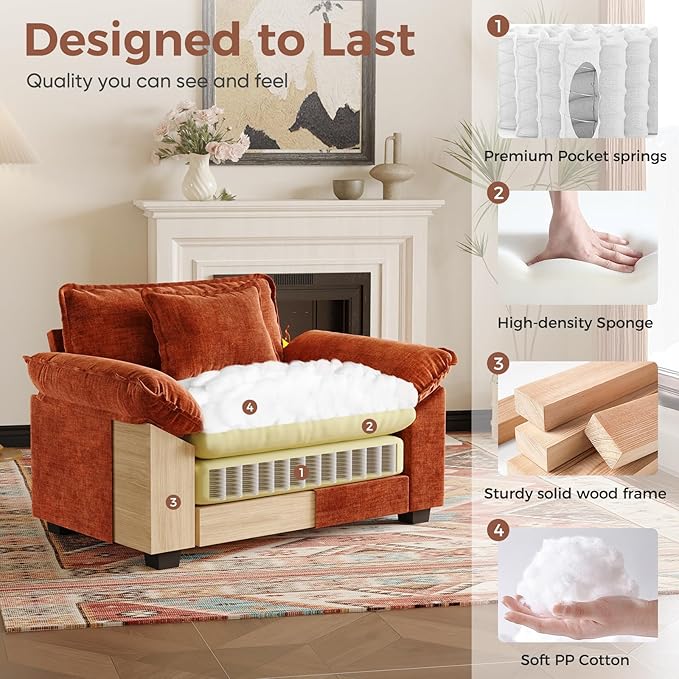 HUSFU 49.5'' W Oversized Accent Chair Chenille Cloud Sofa Chair with Deep Seat and Extra Wide Armrests Comfy Reading Armchair for Bedroom Living Room Terracotta Orange