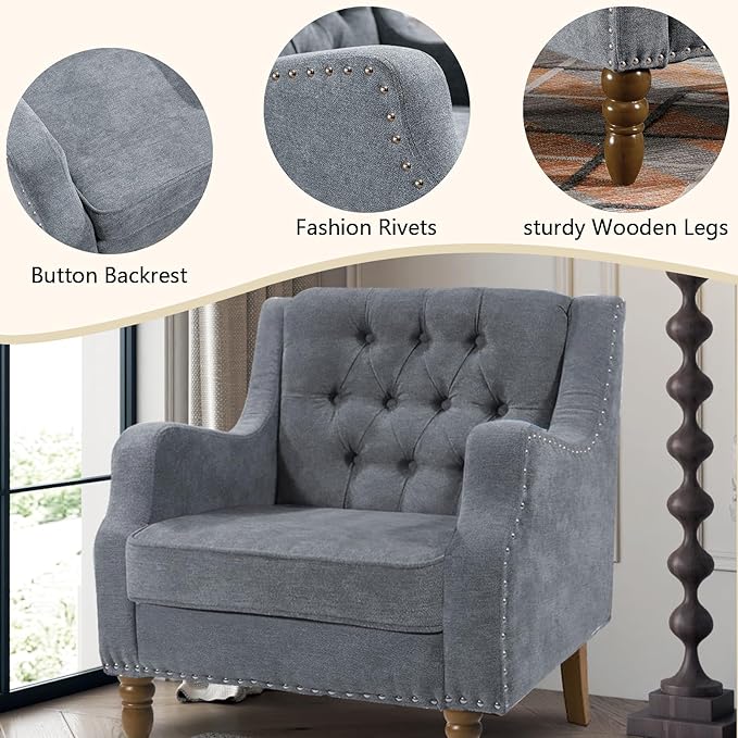 Linen Accent ChairsUpholstered Button Tufted Living Room ChairMid Century Armchair Sofa ChairsComfy Reading Chair for BedroomLiving RoomStudy (Grey 1)
