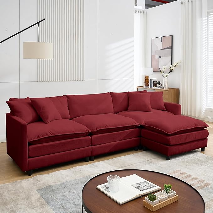 Modular Convertible Sectional Couch L-Shaped 4 Seat Sofa with Reversible Chaise Deep Seat Cloud Couch Sleeper Sofa Bed Chenille Fabric with Pillow for Living Room Bedroom and Apartment