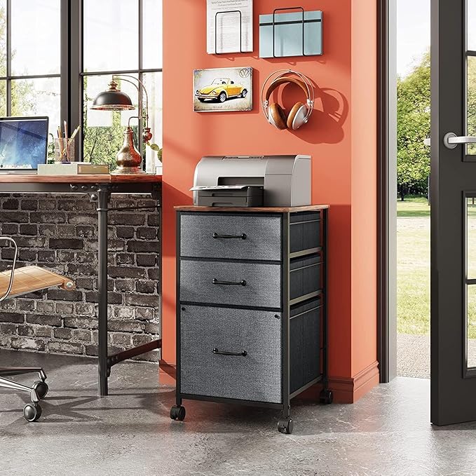 DEVAISE Mobile File Cabinet Rolling Printer Stand with 3 Drawers Fabric Vertical Filing Cabinet fits A4 or Letter Size for Home Office Rustic Brown