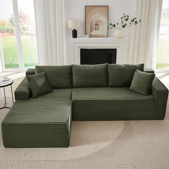104 Cloud L Shape Couch with Chaise Modular Sectional Couches with Deep Seat Corduroy Sofas for Living Room Boneless Memory Foam Couch No Assembly (Saga Green Left Facing Chaise)