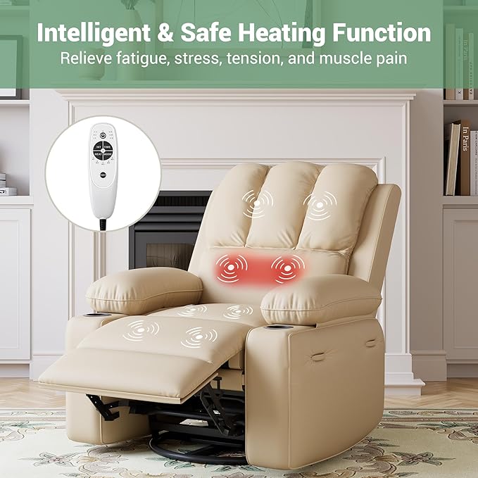 22 Wide Electric Recliner Chair for Adults Swivel Rocking Recliner with Massage &amp Heat PU Leather Lounge Chair with Remote and Cup Holders for Living Room Nursery Bedroom Beige