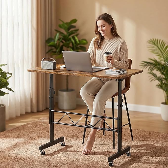 GTPLAYER Small Standing Desk Adjustable Height 30.7-46.4 Portable Computer Table Mobile Desk Workstation Stand Up Desk with Wheels Compact Rolling Table for Home Work Treadmill Walking Pad Brown