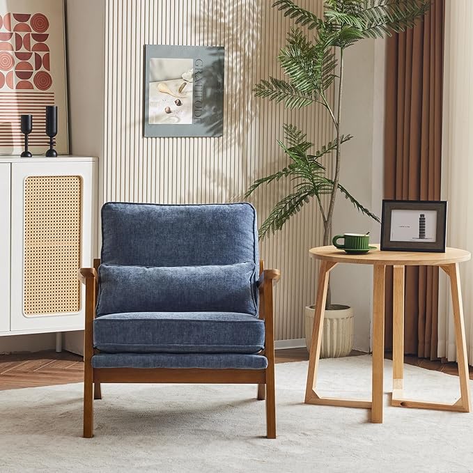 Karl home Accent Chair Wide Armrest Mid-Century Lounge Chair Chenille Armchair with Lumbar Pillow &amp Solid Wood Frame for Living Room Bedroom Balcony Dusty-Blue