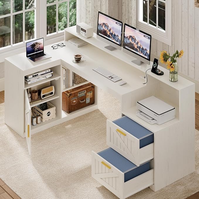 TVU Farmhouse L Shaped Desk with Drawers 62.2 Home Office Desk with Storage Shelves and Power Outlet L Shaped Computer Desk with Monitor Stand and Printer Shelf White