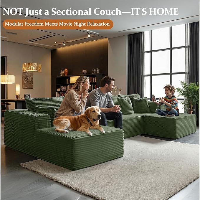 37 Cloud Sectional Couch Ottoman for Living Room Extra Deep Seats No Assembly Minimalist Modular Couch Corduroy (Olive Green Ottoman)
